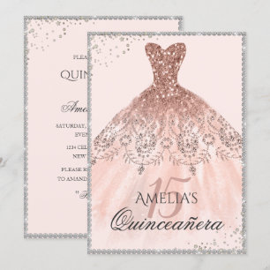 Invitación Vestido de oro rosa plateado brillo 15 Quinceañera