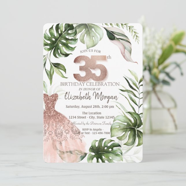 Invitación Vestido de oro Rosa Tropical deja 35 cumpleaños (Anverso de pie)