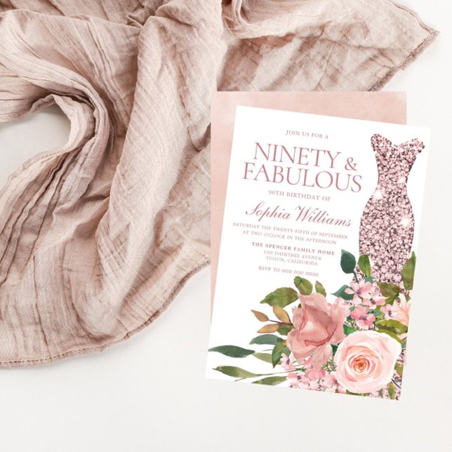 Invitación Vestido de oro Rosa y flores rosas Rubor 90 cumple (Subido por el creador)