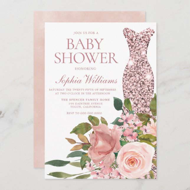 Invitación Vestido de oro Rosa y Rubor Flores rosadas Baby Sh (Anverso / Reverso)