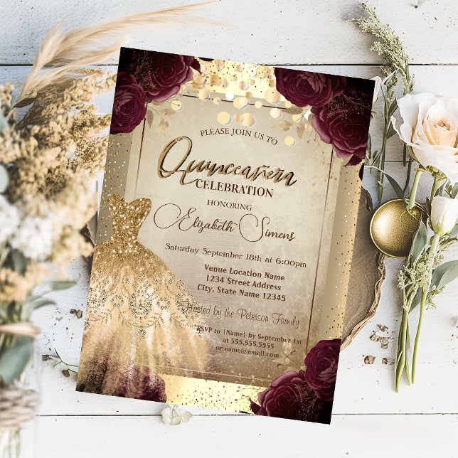 Invitación Vestido de oro Rosas de Borgoña Confetti Quinceañe (Subido por el creador)