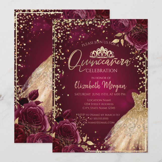 Invitación Vestido de oro, Rosas de diamantes de Borgoña Quin (Anverso / Reverso)