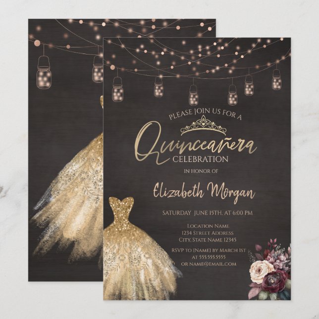 Invitación Vestido de oro Rústico de cuerda iluminan a Rosas  (Anverso / Reverso)