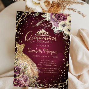 Invitación Vestido de oro Tiara, Borgoña floral Quinceañera