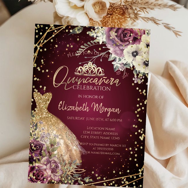 Invitación Vestido de oro Tiara, Borgoña floral Quinceañera (Subido por el creador)