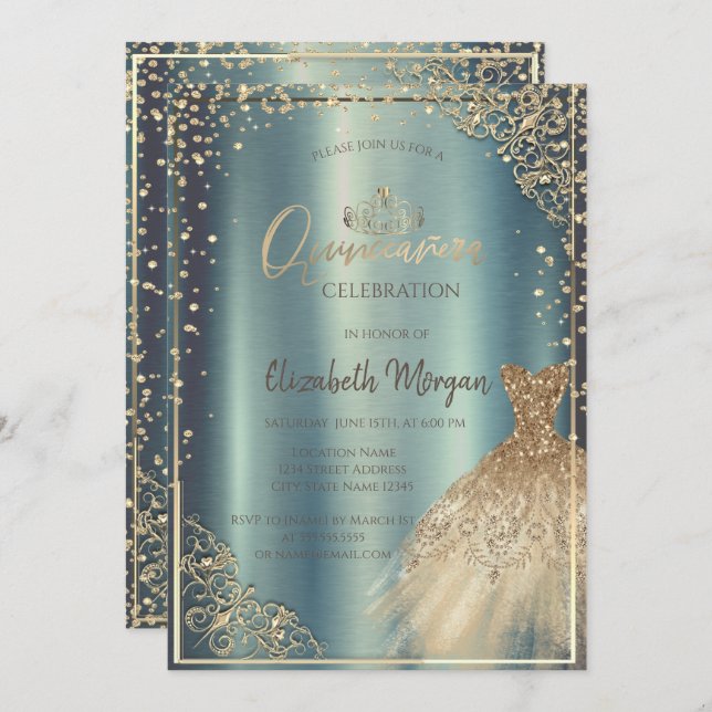 Invitación Vestido de oro Tiara, Diamantes Quinceañera metáli (Anverso / Reverso)