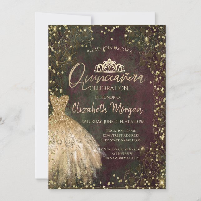 Invitación Vestido de oro Tiara, Diamantes Retro Quinceañera (Anverso)