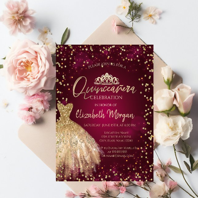 Invitación Vestido de oro Tiara, Diamonds Borgoña Quinceañera (Subido por el creador)