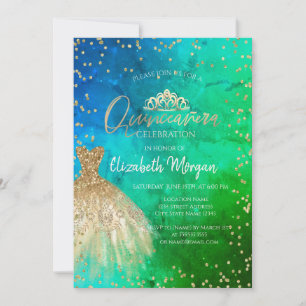 Invitación Vestido de oro Tiara, Diamontes Azul Verde Quincea
