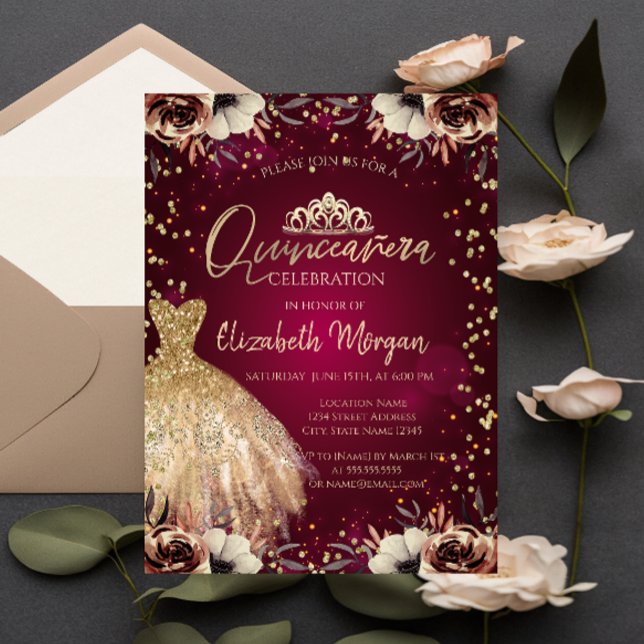 Invitación Vestido de oro Tiara,Flores Borgoña Quinceañera (Subido por el creador)