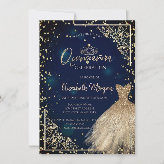Invitación Vestido de oro Tiara, Marina de los Diamantes Azul (Anverso)