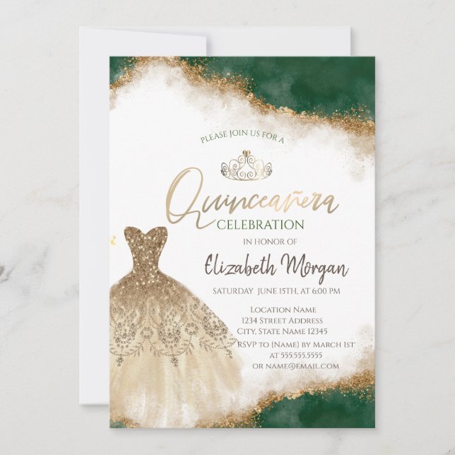 Invitación Vestido de oro Tiara, Purpurina verde Quinceañera (Anverso)