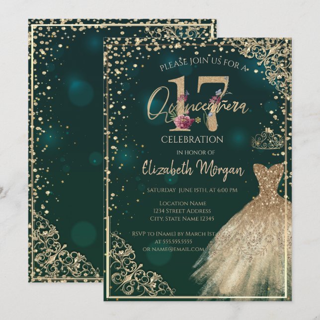 Invitación Vestido de oro Tiara, Quinceañera floral de diaman (Anverso / Reverso)