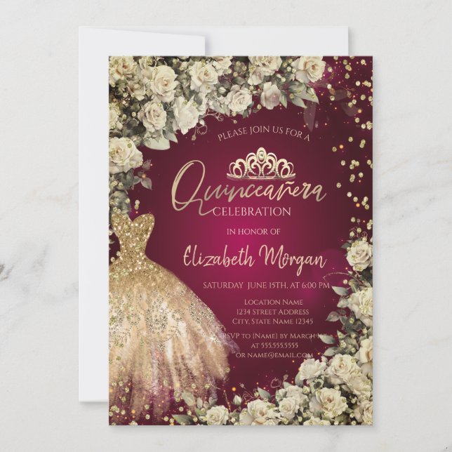 Invitación Vestido de oro Tiara, Rosas Borgoña Quinceañera (Anverso)