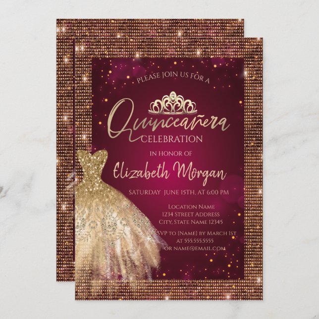 Invitación Vestido de oro Tiara,Secuencias Borgoña Quinceañer (Anverso / Reverso)