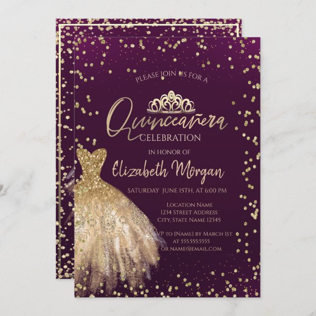 Invitación Vestido de oro Tiara, violeta de diamantes Quincea (Anverso / Reverso)