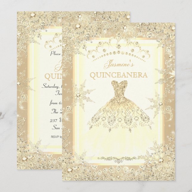 Invitación Vestido de oro Tiara Winter Wonderland Quinceanera (Anverso / Reverso)