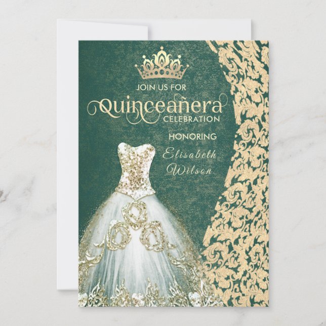 Invitación Vestido de oro verde esmeralda damask tiara Quince (Anverso)