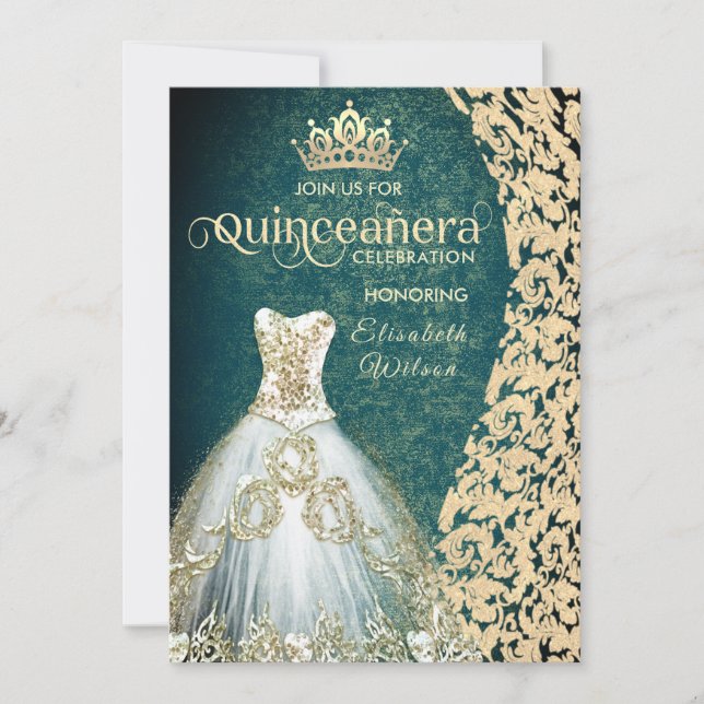 Invitación Vestido de oro verde esmeralda damask tiara Quince (Anverso)