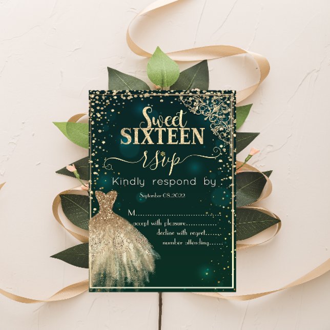 Invitación Vestido de oro verde Tiara,Diamantes dulce 16 RSVP (Subido por el creador)