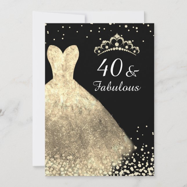 Invitación Vestido de oro y negro 40 y fabuloso cumpleaños 40 (Anverso)