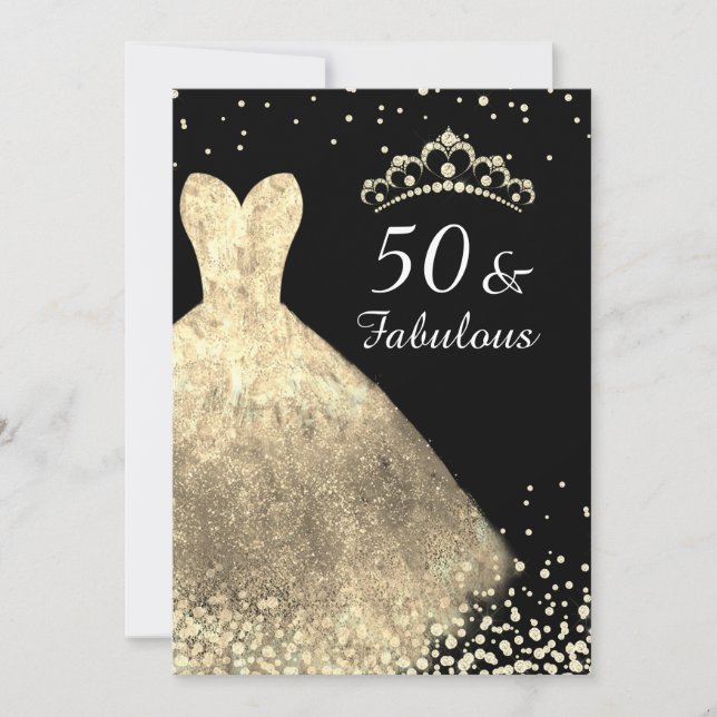 Invitación Vestido de oro y negro 50 y fabuloso cumpleaños 50 (Anverso)
