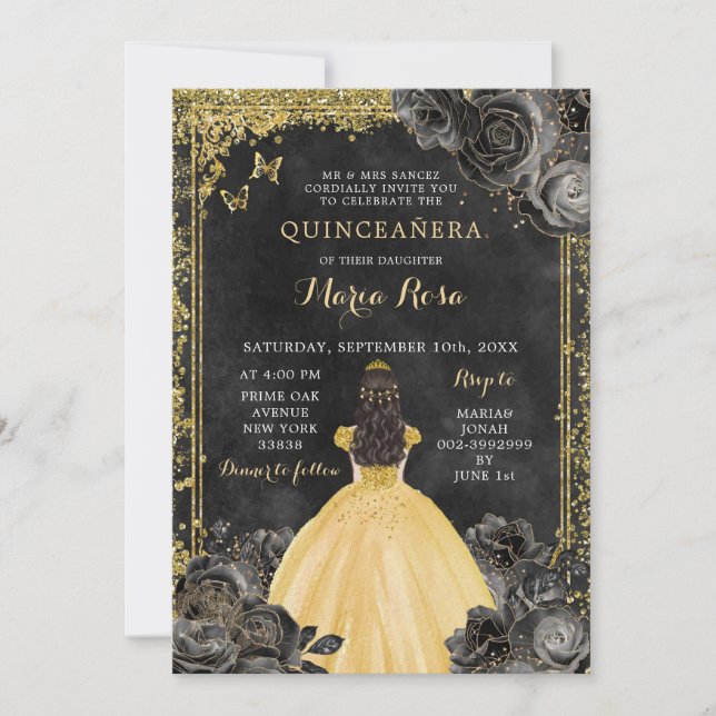 Invitación Vestido de oro y Rosa negro Royale Quinceañera (Anverso)