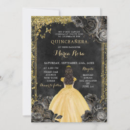 Invitación Vestido de oro y Rosa negro Royale Quinceañera