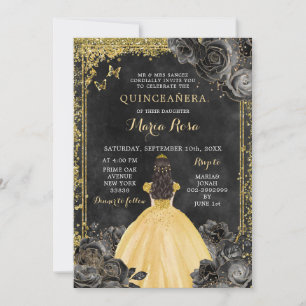 Invitación Vestido de oro y Rosa negro Royale Quinceañera