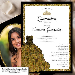Invitación Vestido de oro y tiara Foto personalizada Quinceañ