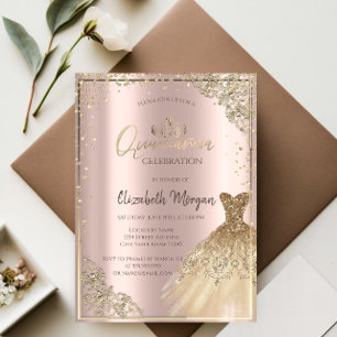 Invitación Vestido de OroTiara, Diamantes Rosa Dorada Quincea