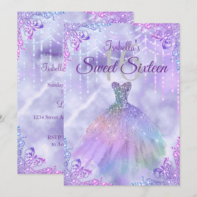 Invitación Vestido de perla plateada de lila púrpura Sweet 16 (Anverso / Reverso)