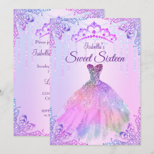 Invitación Vestido de perla plateada lila rosa Dulces 16