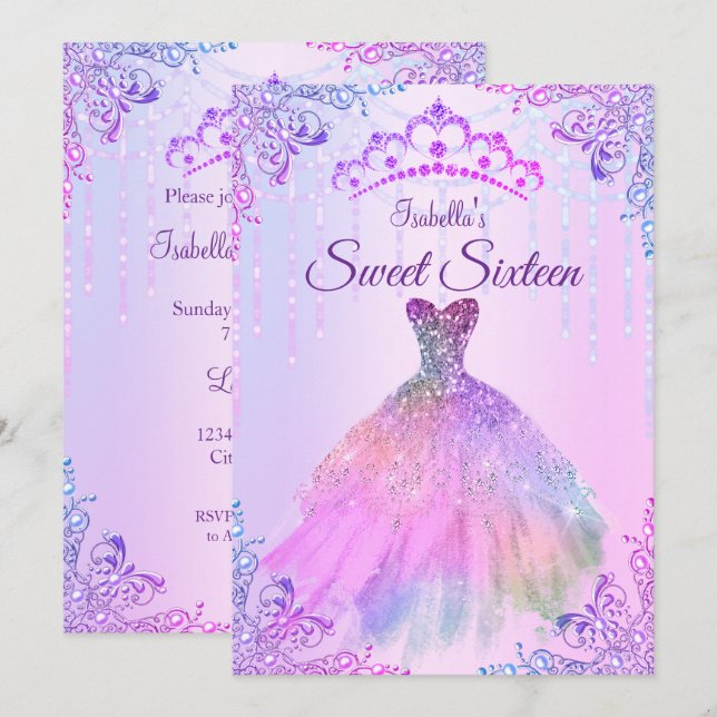 Invitación Vestido de perla plateada lila rosa Dulces 16 (Anverso / Reverso)