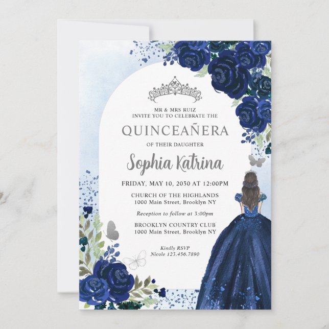 Invitación Vestido de plata azul de la Marina Floral Cumpleañ (Anverso)