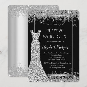 Invitación Vestido de plata brillo confeti negro 50 cumpleaño