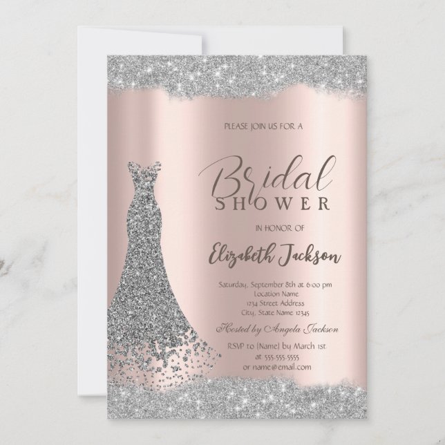 Invitación Vestido de plata brillo marco rosa oro  (Anverso)