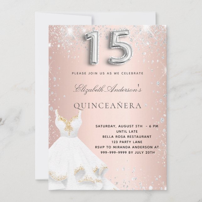 Invitación vestido de plata de oro Rosa Quinceanera (Anverso)