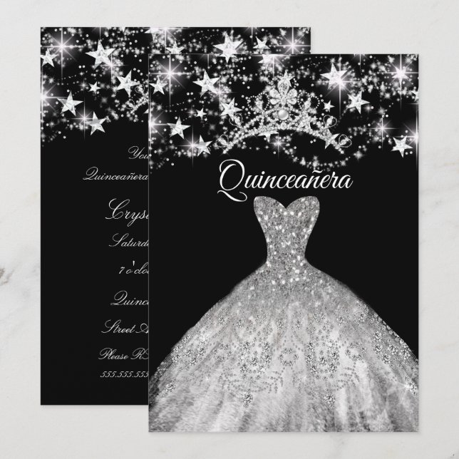 Invitación Vestido de plata negro con tiara de brillo estrell (Anverso / Reverso)