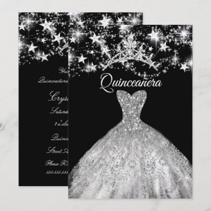 Invitación Vestido de plata negro con tiara de brillo estrell
