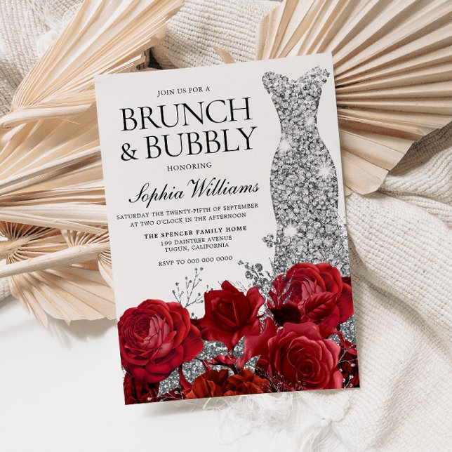 Invitación Vestido de plata Rojo Brunch Bubbly Bridal Shower (Subido por el creador)