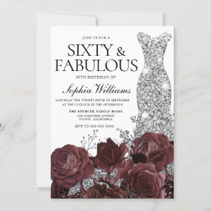 Invitación Vestido de plata Rosas de Borgoña Fiesta de cumple