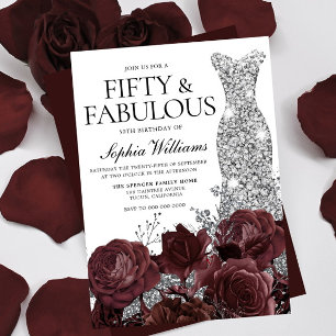 Invitación Vestido de plata Rosas de Borgoña Fiesta de cumple