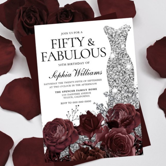 Invitación Vestido de plata Rosas de Borgoña Fiesta de cumple (Subido por el creador)