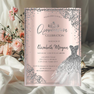Invitación Vestido de plata,Tiara,Diamantes Quinceañera de or