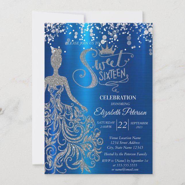 Invitación Vestido de plata, tiara, Sweet 16 (Anverso)