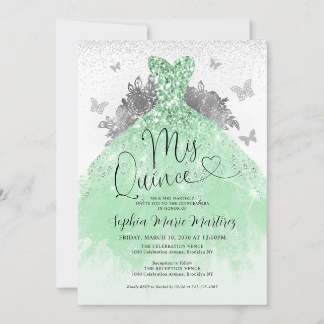 Invitación Vestido de plata verde de la menta mis cinco quinc (Anverso)