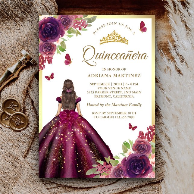 Invitación Vestido de Pluma Mariposa Floral Oro Quinceanera (Subido por el creador)