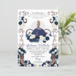 Invitación Vestido de princesa azul de la marina y botas Quin