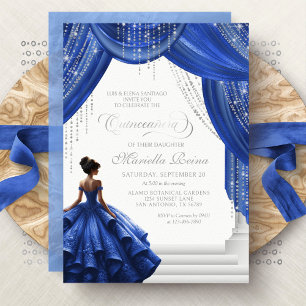 Invitación Vestido de Princesa Azul Real Elegante Quinceañera